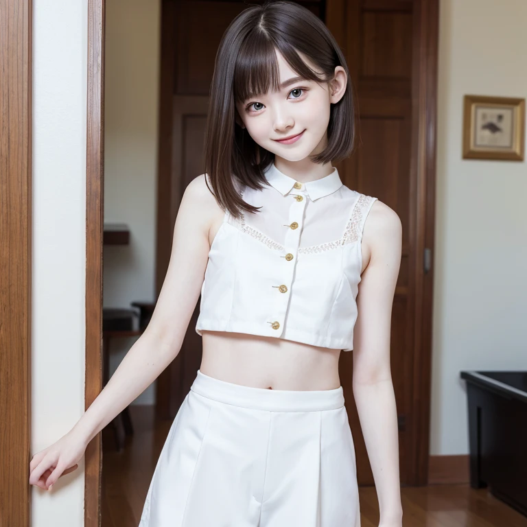 One Girl, short hair,Black Hair,smile, summer, room,Bed,Standing,Down to the feet,6th grade elementary school, Look at me, Navy blue tank top,skirt,delicate,transparent, (masterpiece, Highest quality), Soft Light, Structure of the film, Cinematic
