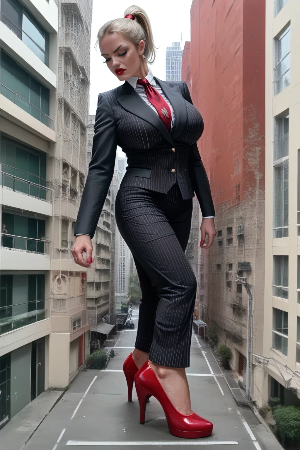 A beautiful giantess woman with blonde hair in a ponytail and red lips, wearing a perfectly fitted grey pinstriped suit and blazer with a large blade width and massive Windsor knot crimson red tie, a crisp white blouse, and black patent Louboutin high heels, stands in a massive city, towering over the skyscrapers at her feet. Her large breasts and curvy figure are prominently featured. She has a confident, slightly annoyed expression as she surveys the tiny destroyed city beneath her. The scene is captured from a high altitude with a cinematic lighting, creating a photorealistic and highly detailed illustration.