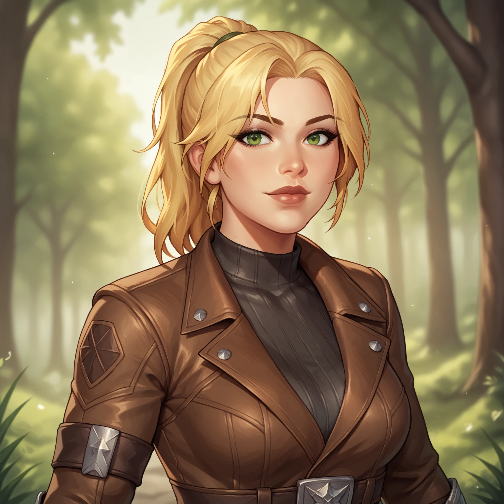 (((beautiful, high quality, comics style, detailed face))), score_9, score_8_up, score_7_up, BREAK, cowboy shot, solo, straight-on, solo, rogue female mercenary, leather jacket, blonde, ponytail, bangs, small, sexy body, looking at viewer, standing, fantasy background, blurred background, Expressiveh, detailxl