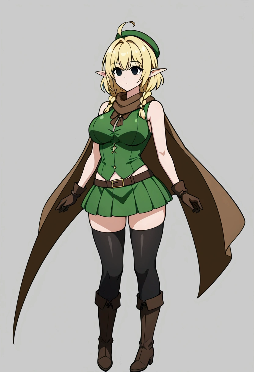 Parisian,1woman,elf,short hair,twin braids,Blonde,(slender),ahoge,empty eyes,black eyes、big breasts,brown gloves,black elbow globes,(black thigh highs),(black mini beret)、Brown scarf、green crop top,sleeveless,green mini skirt,(brown knee boots),Thin thighs,full body,