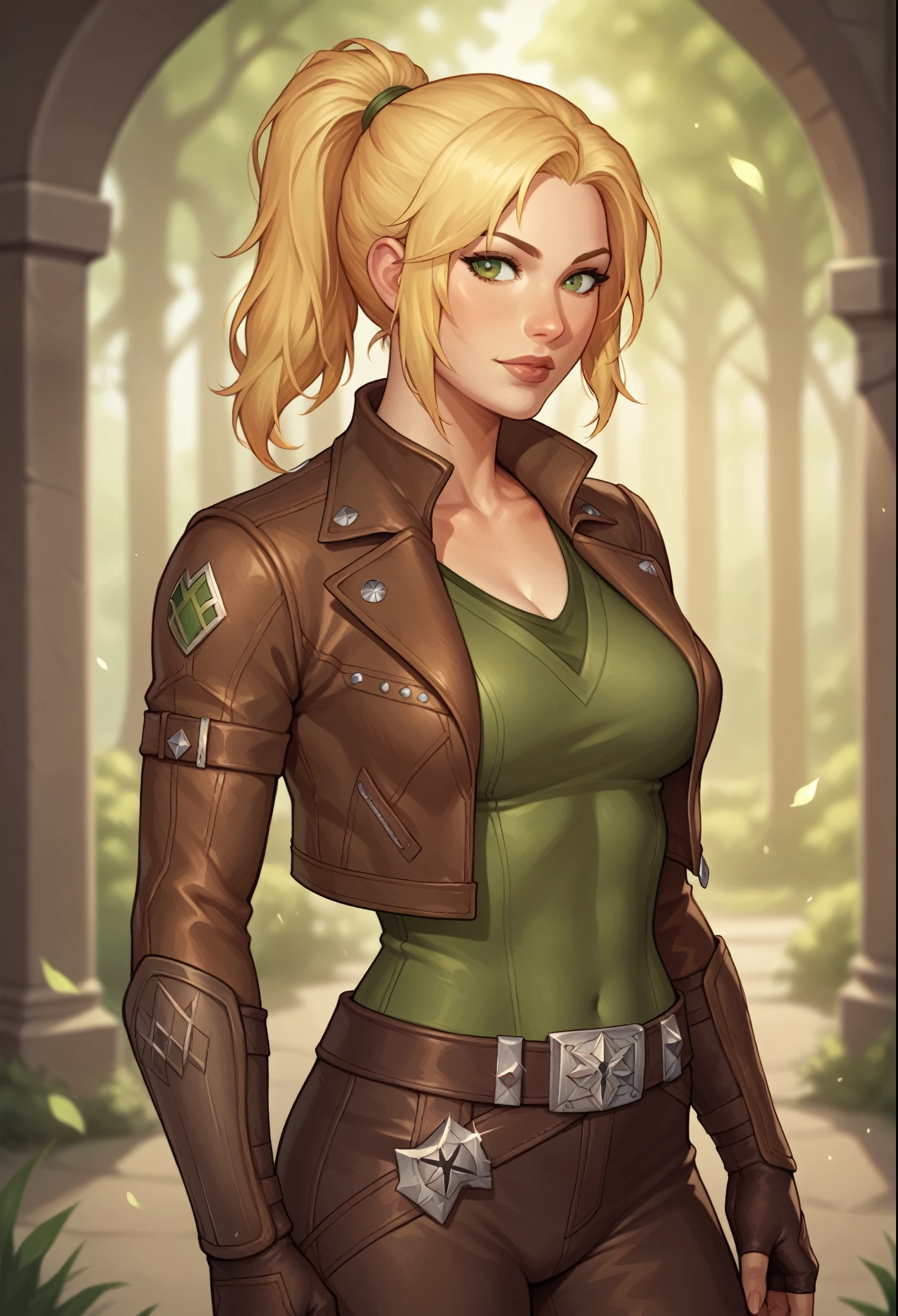 (((beautiful, high quality, comics style, detailed face))), score_9, score_8_up, score_7_up, BREAK, cowboy shot, solo, straight-on, solo, rogue female mercenary, leather jacket, blonde, ponytail, bangs, small, sexy body, looking at viewer, standing, fantasy background, blurred background, Expressiveh, detailxl