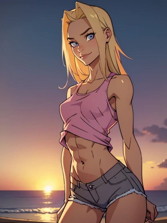 1gir, , cute, teenage girl, young girl, tweened, young body, slender body, blonde hair, wearing pink shorts, dark grey tank top, , looking at viewer, beautiful detail eyes, beautiful detail lips, small breasts, tight butt, thighs, detailed abs, navel, seductive smile, dramatic lighting, cinematic composition,. Sun setting on the horizon