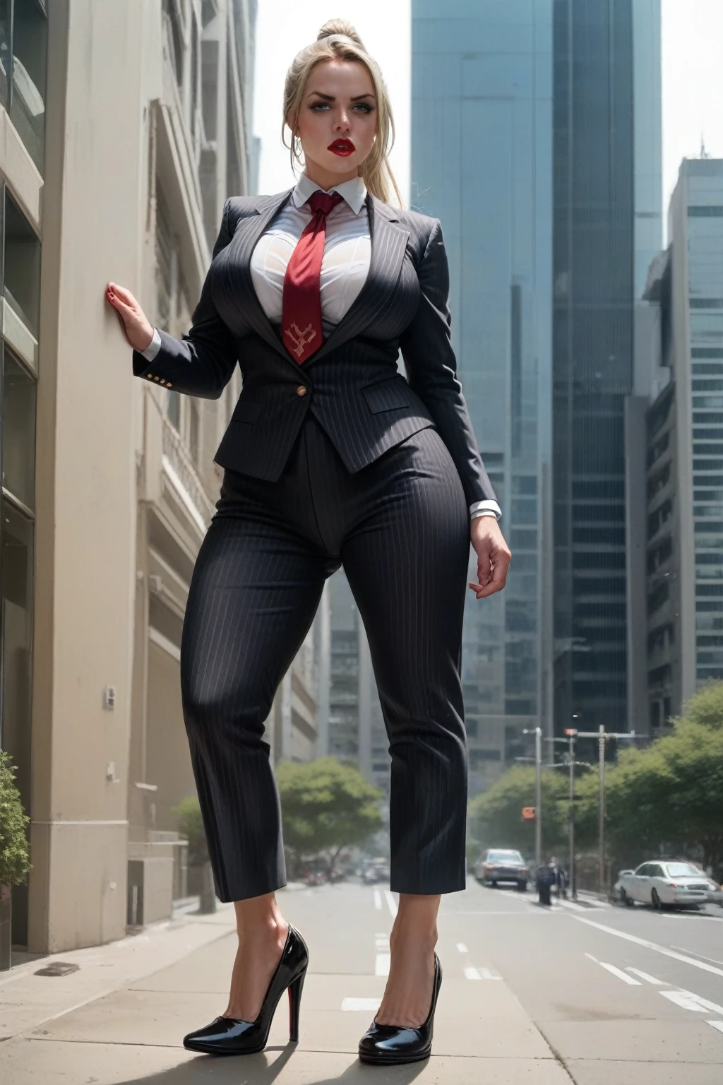 A beautiful giantess woman with blonde hair in a ponytail and red lips, wearing a perfectly fitted grey pinstriped suit and blazer with a large blade width and massive Windsor knot crimson red tie, a crisp white blouse, and black patent Louboutin high heels, stands in a massive city, towering over the skyscrapers at her feet. Her large breasts and curvy figure are prominently featured. She has a confident, slightly annoyed expression as she surveys the tiny destroyed city beneath her. The scene is captured from a high altitude with a cinematic lighting, creating a photorealistic and highly detailed illustration.