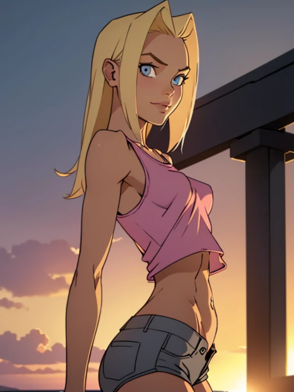 1gir, , cute, teenage girl, young girl, tweened, young body, slender body, blonde hair, wearing pink shorts, dark grey tank top, , looking at viewer, beautiful detail eyes, beautiful detail lips, small breasts, tight butt, thighs, detailed abs, navel, seductive smile, dramatic lighting, cinematic composition,. Sun setting on the horizon