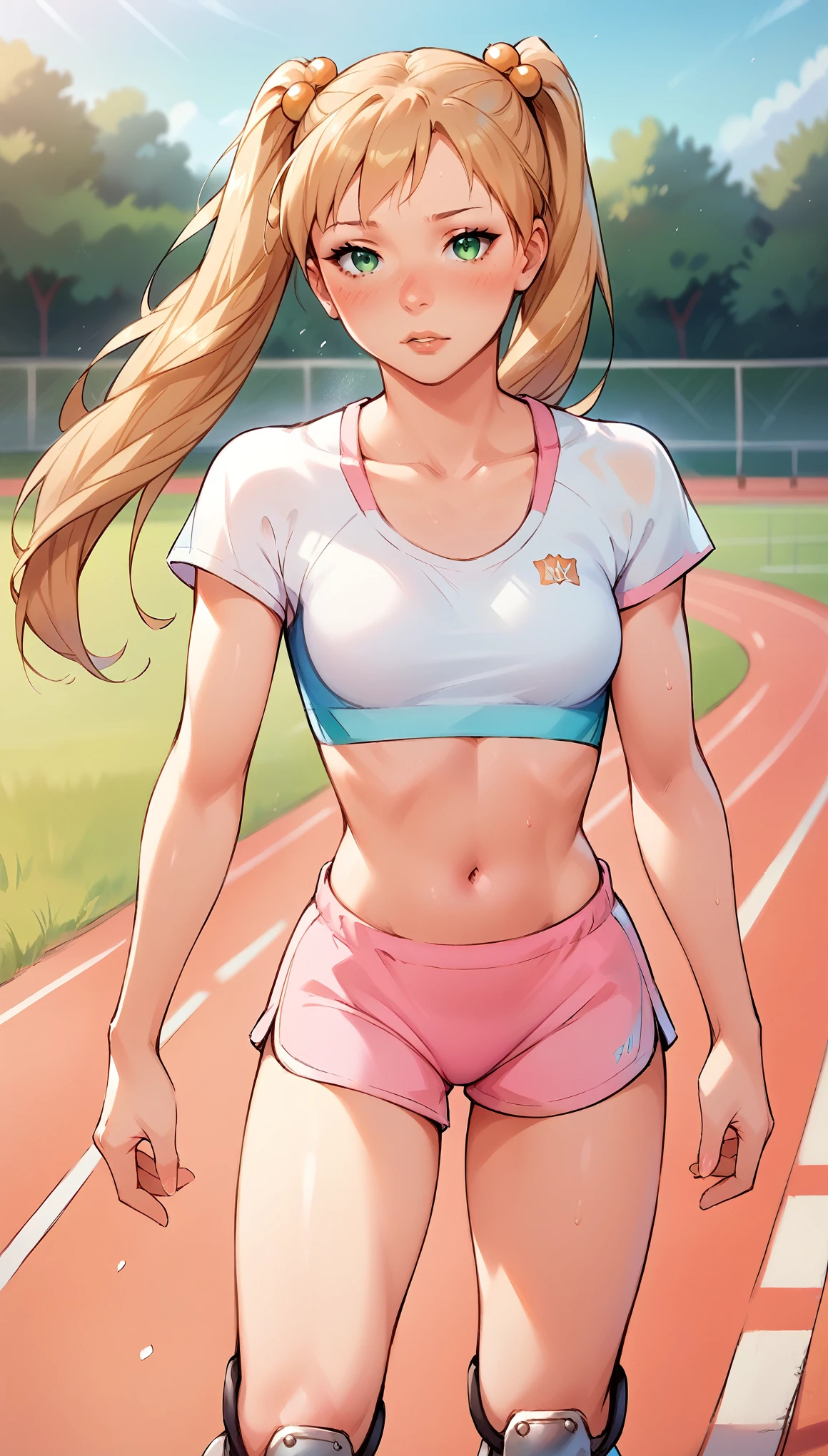 score_9, score_8_up, score_7_up, score_6_up, solo, shy, Standing at attention, very long straight hair, Young girl, Beautiful Finger, Beautiful long legs, Beautiful body, perfect eyes, expressive eyes, looking at viewer, 16k wallpaper, masterpiece, (Beautiful small Breasts:1.2), (petite slender girl), (on the running track:1.1), summer day, sexy sport clothes, ibarazaki emi, long hair, twintails, hair bobbles, blonde hair, green eyes, amputee, double amputee, prosthesis