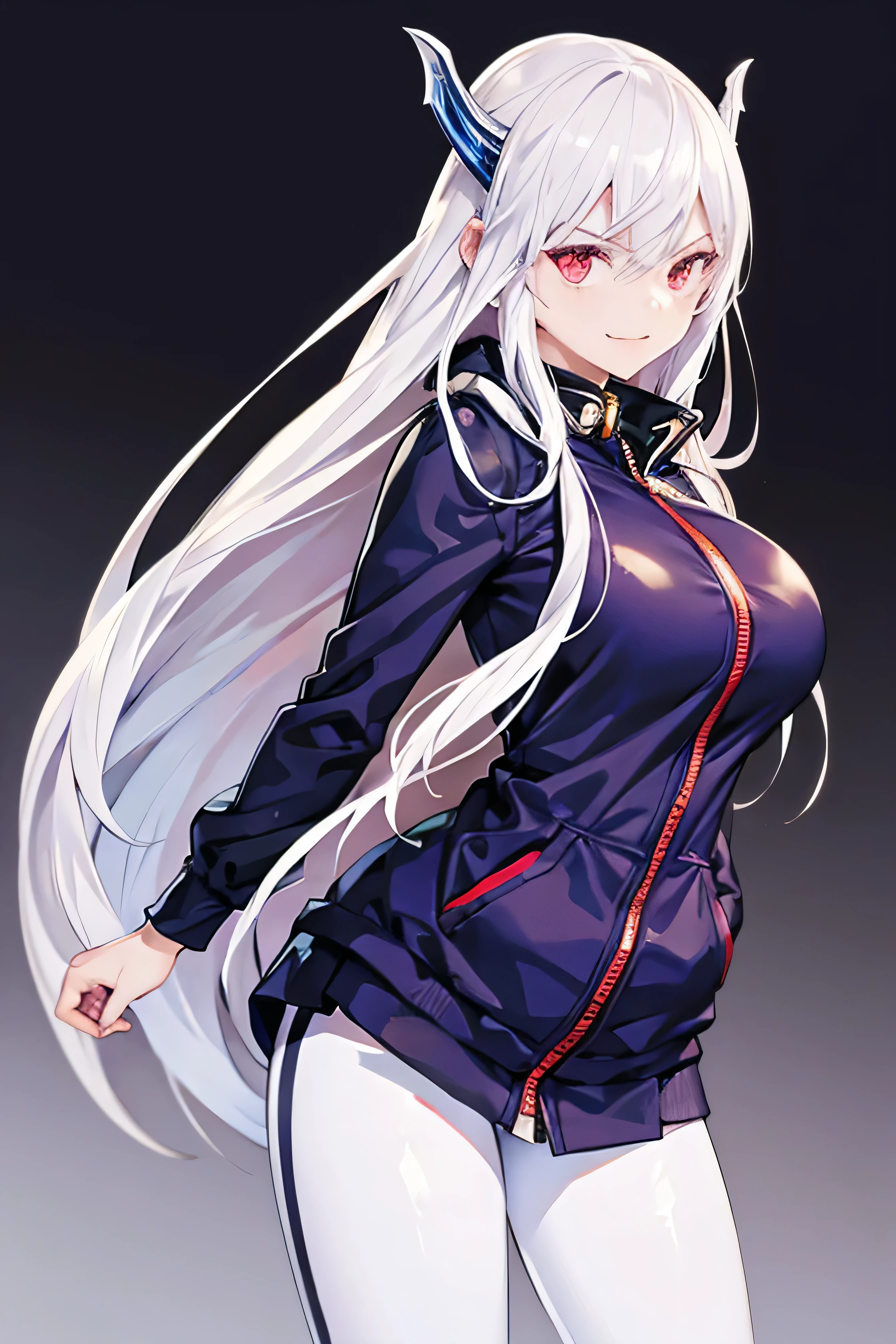  ,kyouka from demon Slave ,Long White Hair,Smile,detailed face,8k,best quality,detailed Body, Leggings,Jacket ,Hoodie