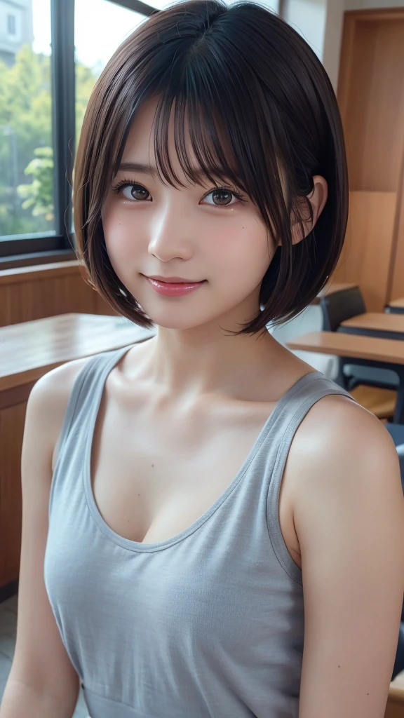 ((Upper Body:1.3)).Blown by the long wind [Blue-Black:.3] hair,Gazing at the audience, (Tabletop:1.3), (8k, Realistic, RAW Photos, Please redeem: 1.4), Japanese, (1 girl), Beautiful Face, (Realistic face),{Realistic eyes, Beautiful Eyes, (Realistic skin), Beautiful Skin, charm, Ultra-high resolution, Very detailed, Golden Ratio,Female student、shame(BLANCING:1.3)、amount、blush、Flat Chest、Grey tank top、Armpits、smile、(Bobcut)