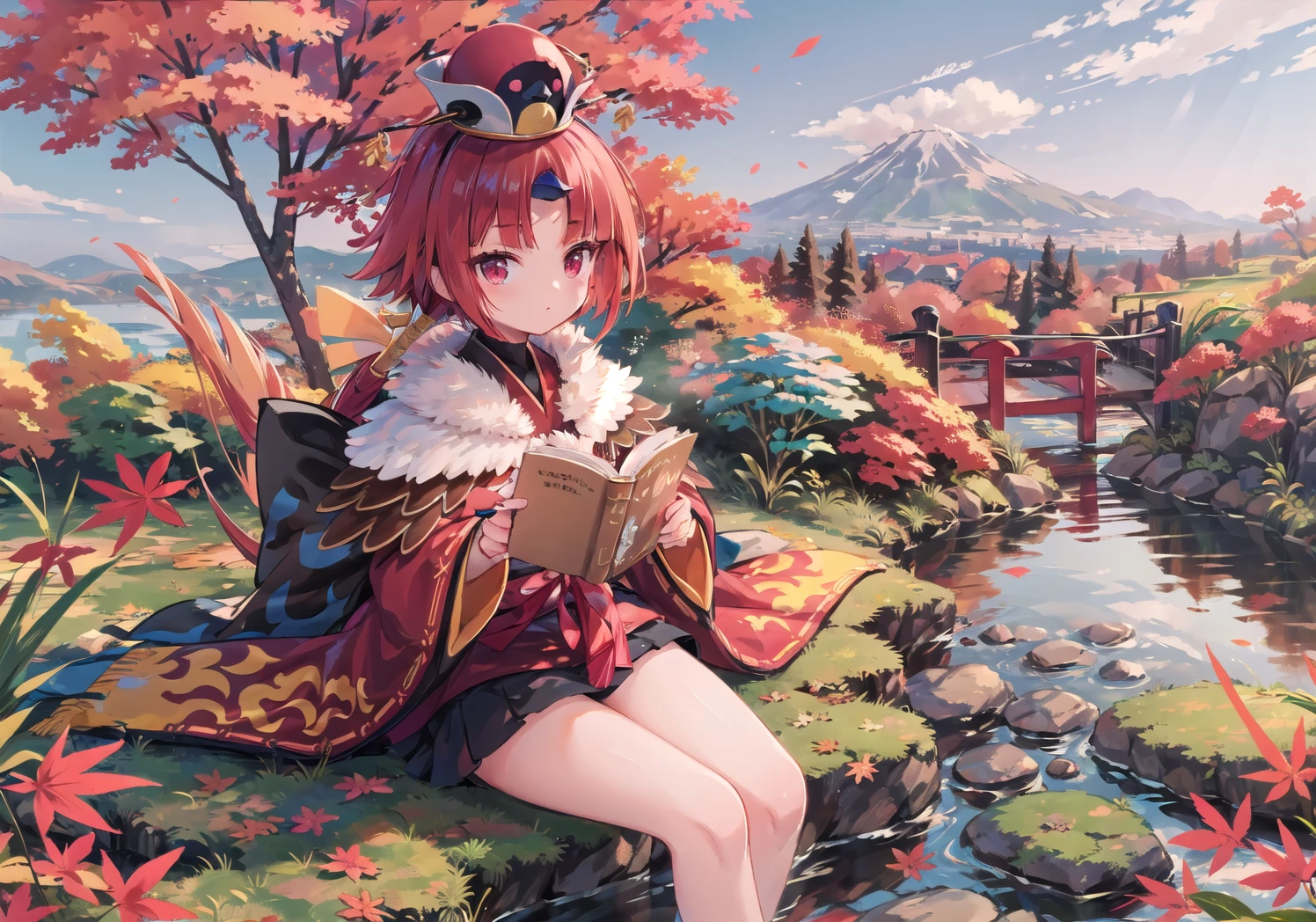 ((masterpiece,best quality:1.2)),(Autumn Landscape:1.3),((magnificent panorama view:1.3)),sit,High position:1.3,Mountain Background:1.2,forest,(Read a book:1.3),read the book:1.2,1girl,be_nienma,((red japanese clothes:1.2)),red hair, 2 small white pom-poms,parted sleeves past wrists,Black mini skirt,hat