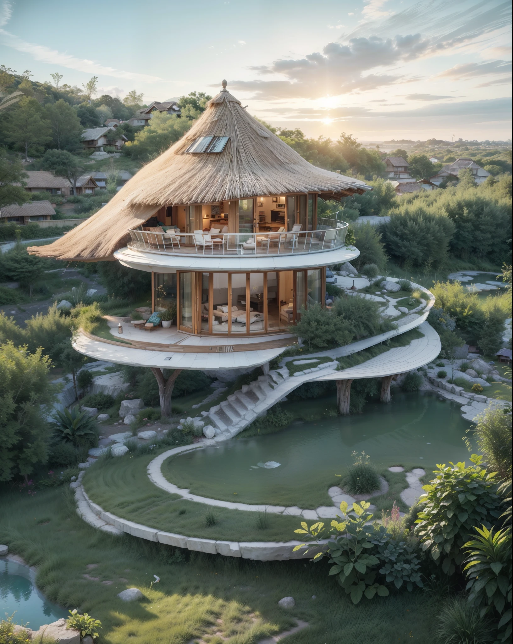 hut resort on a hanging cliff, the cliff is rocky, at the bottom there is flat grassland. the house is made in hut design , situated on lawn, on the lawn there is a beautiful small swimming pool. realistic, architectural render with beautiful clean sky, green meadow at the bottom