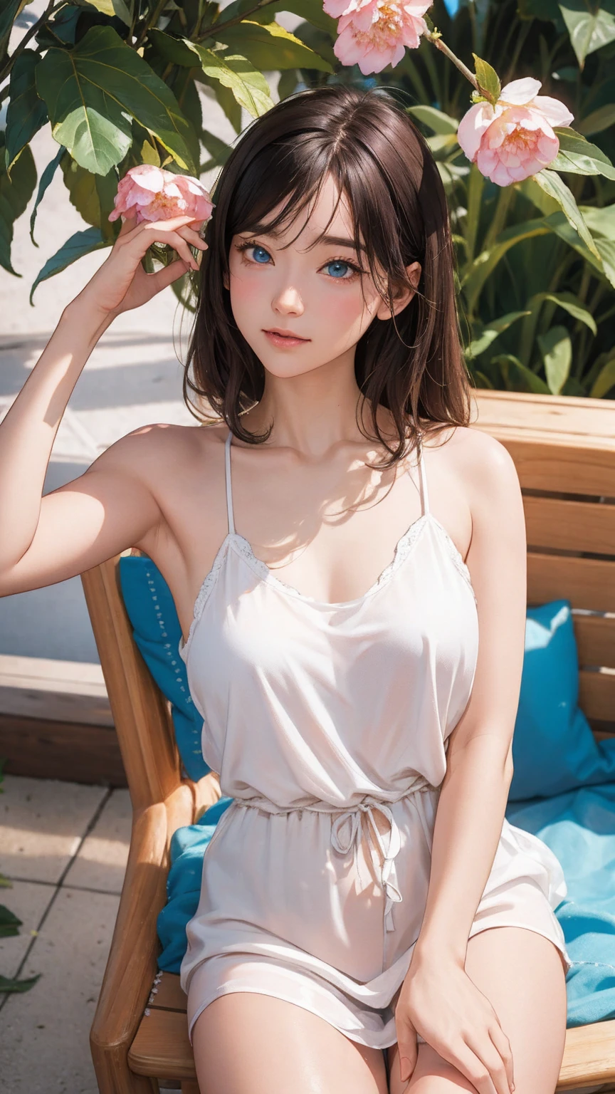 There&#39;Girl on the beach, 1 girl, Alone, Long Hair, blue eyes, Sitting, barefoot, Looking at the audience, 、Completely naked、Expose your breasts、Completely naked、Exhibitionism、Medium chest size、(Flat Chest:1.0)、Exposing thighs、See-through crotch、、The genitals are barely visible in the crotch area.、