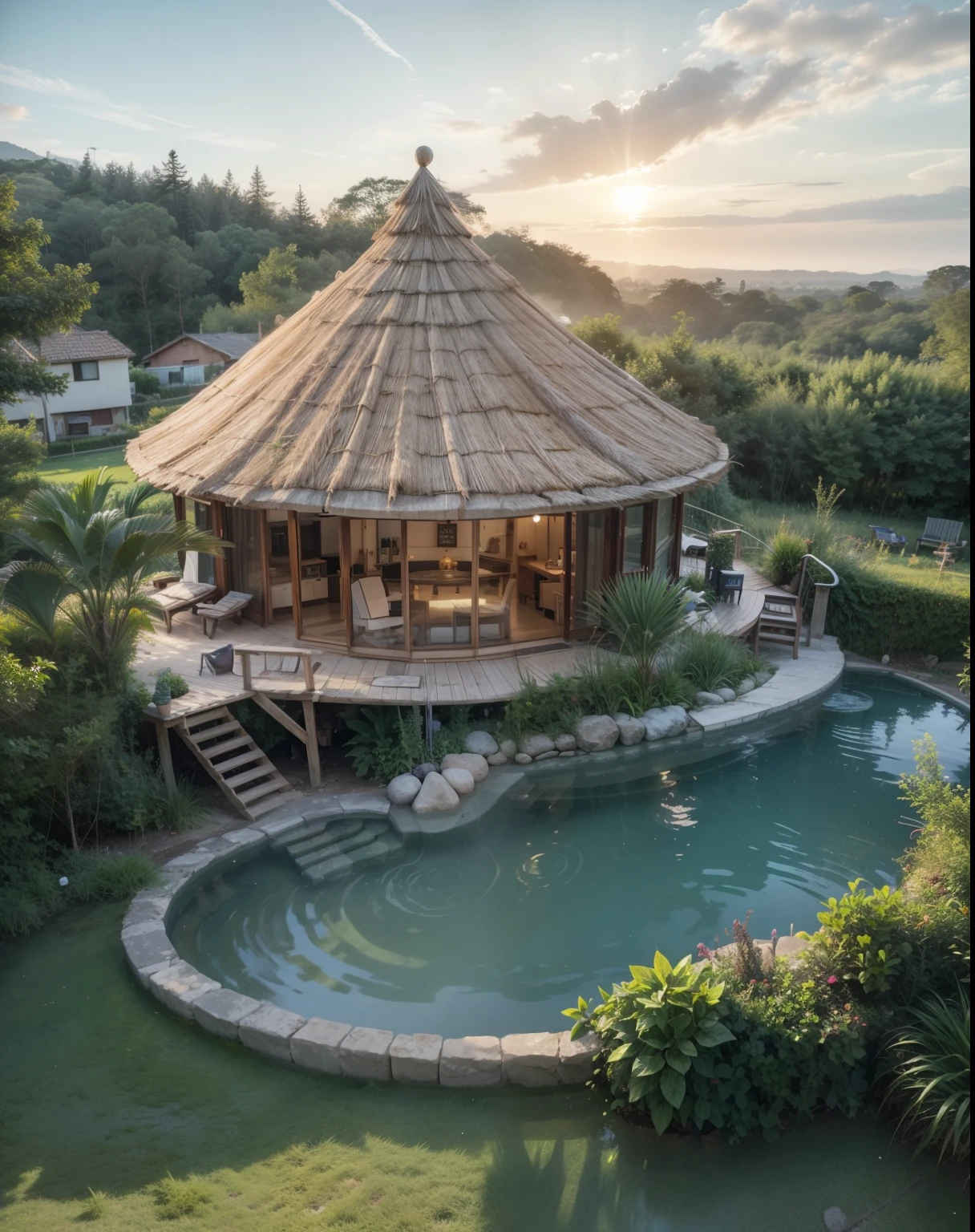Real hut with swimming pool