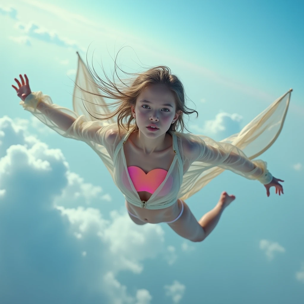 full body,photo of a 18 year old girl,elf,flying in the sky,diving,glowing wings,happy,laughing,ray tracing,detail shadow,shot on Fujifilm X-T4,85mm f1.2,sharp focus,depth of field,blurry background,bokeh,motion blur,<lora:add_detail:1>,