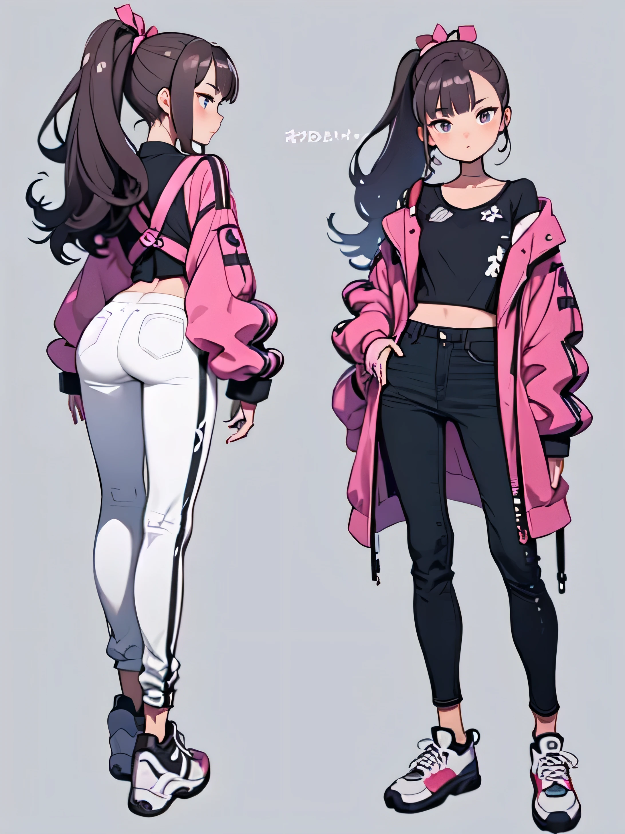 longeyelashes, light smile, Droopy eyes, Full Body Design, Concept Art, Character Design, Anime Art, Private Server, sneakers, stylish, sporty, jeans, Tight tops, ponytail, sexy, thick thighs, huge ass, whole body, Front View, surrealism, drop shadow, anaglyph, stereogram, modern style, tachi-e, throw, atmospheric perspective, Simple Background, 8k, super detail, best quality