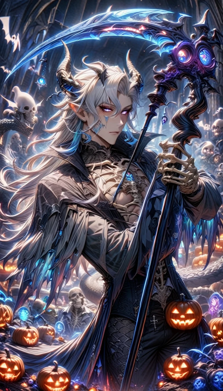 absurdres, highres, ultra detailed, HDR, masterpiece, best quality, detailed face, detailed eyes, Neuvillette, white hair, expressive purple eyes, Genshin Impact, solo, sexy man, holding a scythe with his right hand, adult face, handsome, sensual, horny, erotic, toned chest, dragon, horns, black vest with high collar, black ribbon, white shirt, white stripes, fantasy, dark magic, magical, Halloween, ghosts, skulls, skeleton, blue moon, blue spiders, spiderweb, graves, cross, blue pumpkins