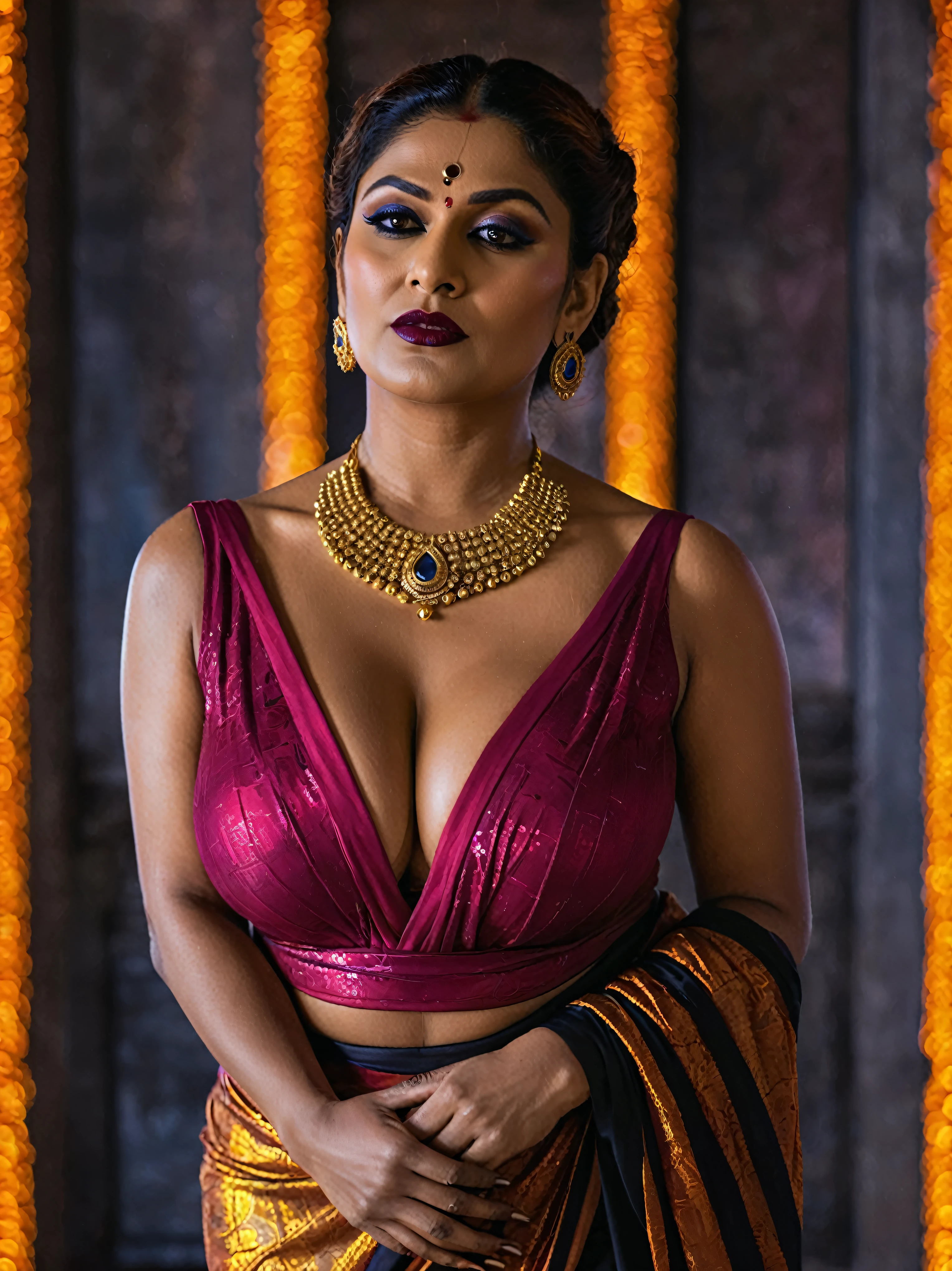 Looks like Nayanthara, full body Closeup shot, Big chubby aunty, milf, cougar lady witch, horny Gothic milf, 70 years old gorgeous mature lady, pervert demoness, demoness of lust, Kama Pishachini, kamadevi, curvy, black lips, horny face, extremely gorgeous, thick figure, heavy physique, voluptuous, demoness mommy, curvy, sexy figure, Fashionable portrait of androgynous alien looking witch, glowing eyes, futuristic design, minimal details, givenchy, photoreal, 200mm, hd, f/ 2.0, highly detailed, surreal, sexy beautiful evil woman, sexy bold sequin Saree with strapless Bra, chudail, Pishachini, horror genre, blood-thirsty enchantress, powerful female spirit, eerie, drop dead, in the style of red and blue, (intricate details, hyperdetailed:1.15) (skin texture:1.2), dark Moody tone, cinematic lighting, haunted place in background, hot Amma, hot aunty, hot bhabi, hot Chachi, heavy figure, fleshy figure, heavy and saggy breast, spicy hot woman, evil goddess, juicy thick Belly, curvy, erotic fantasy, fantasy character, provoking sense of desire,
