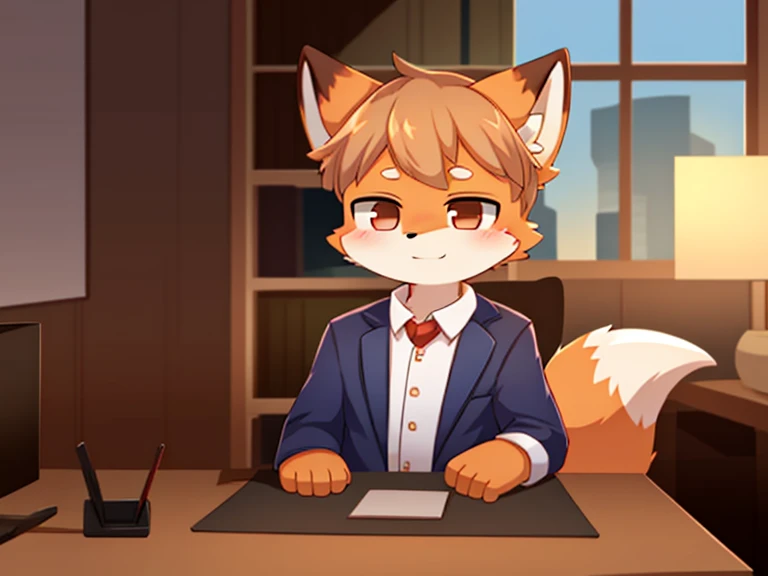 A cute furry young fox with hair covering one eye like a businessman 