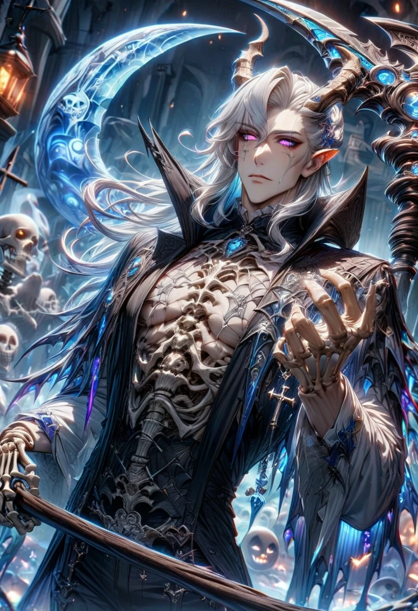 absurdres, highres, ultra detailed, HDR, masterpiece, best quality, detailed face, detailed eyes, Neuvillette, white hair, expressive purple eyes, Genshin Impact, solo, sexy man, holding a scythe with his right hand, adult face, handsome, sensual, horny, erotic, toned chest, dragon, horns, black vest with high collar, black ribbon, white shirt, white stripes, black pants, fantasy, dark magic, magical, Halloween, ghosts, skulls, skeleton, blue moon, blue spiders, spiderweb, graves, cross, blue pumpkins