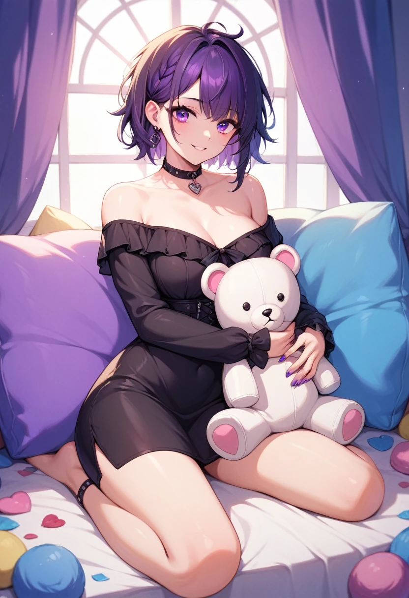 Anime illustration of a goth girl hugging a white teddy bear, Girl in off-the-shoulder black dress, Long and messy hair, She has beautiful purple eyes, She smiles shyly, Colorful fingernails, She sat in a bright room., Bright sunlight from the window, Detailed Texture, , 8k