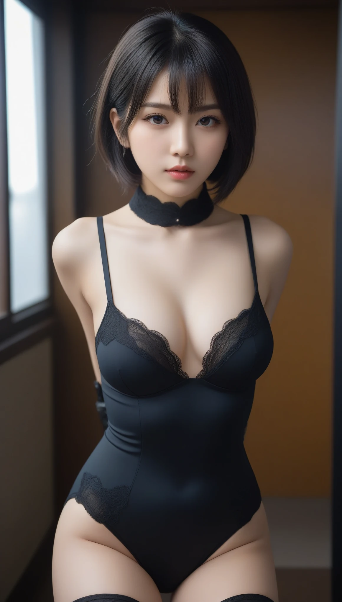 8k, Ultra-high resolution, highest quality, masterpiece, Surreal, photograph, 1 girl, (16 years old:1.3), pretty girl, Cute Face, Beautiful eyes in every detail, 細かくdetailedに,masterpiece,, One Girl:1.2, Japan Female Announcer, Ghoulish cyberpunk woman,Bob Haircut,(Futuristic Leotard:1.05),Lace blouse,(lace stockings with garters), Are standing, (In a post-apocalyptic scenario:1.2),Expression of despair,Dark and atmospheric lighting, This pose expresses a somber ecstasy.,Bold Pose,Looking at the audience、beauty,Long neck、Laugh a little、Please close your mouth and laugh、(((Ideal body type))),A cup small breasts :2,、Portraiture:2、Perfect Anatomy、鮮明なdetailed、detailed、Surreal、Light and shadow,Strong light