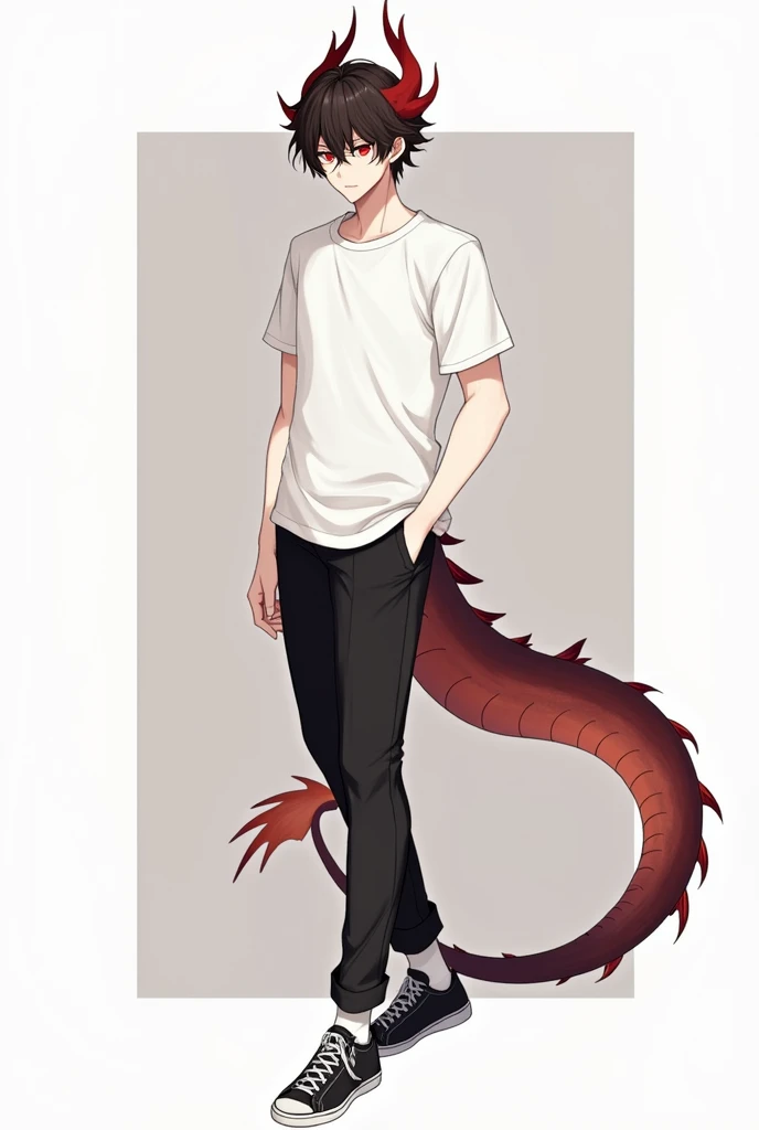 Male Scarlet eyes Dark brown hair Hairstyle: disheveled hair, some lie on the face, ear length.
Body type:Ectomorph. Fit, slightly pumped up.
There is a dragon tail of crimson color mixed with a very dark scarlet color., and the dragon's horns are also crimson in color.
wears a white t-shirt, black men's trousers, white socks and black sneakers.
The look is calm.
anime,