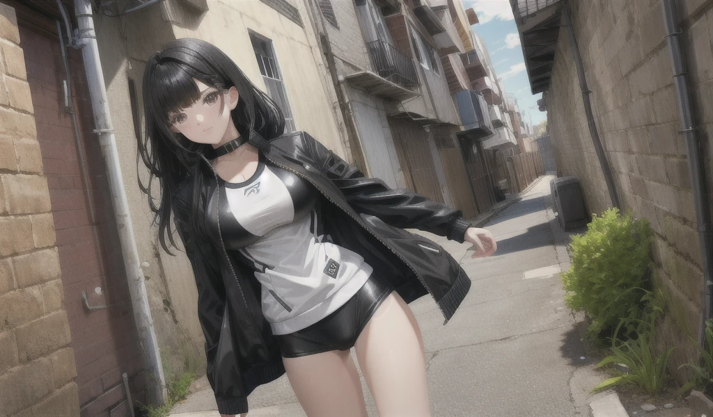 A girls, long hair, big breast, wearing hoodie, wearing short pants, full body