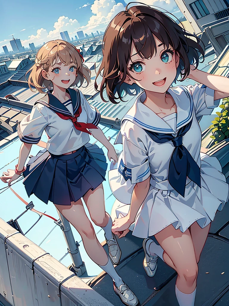 1teen_ girl, loli, brown_hair, medium_bob_hair, blue_midriff_baring_sailor_uniform, mini_skirt, short_sleeve, thighs, large_, angry, smile, open_mouth, standing, harbor_background, slightly_ spread_legs, happiness, NSFW, short_gloves