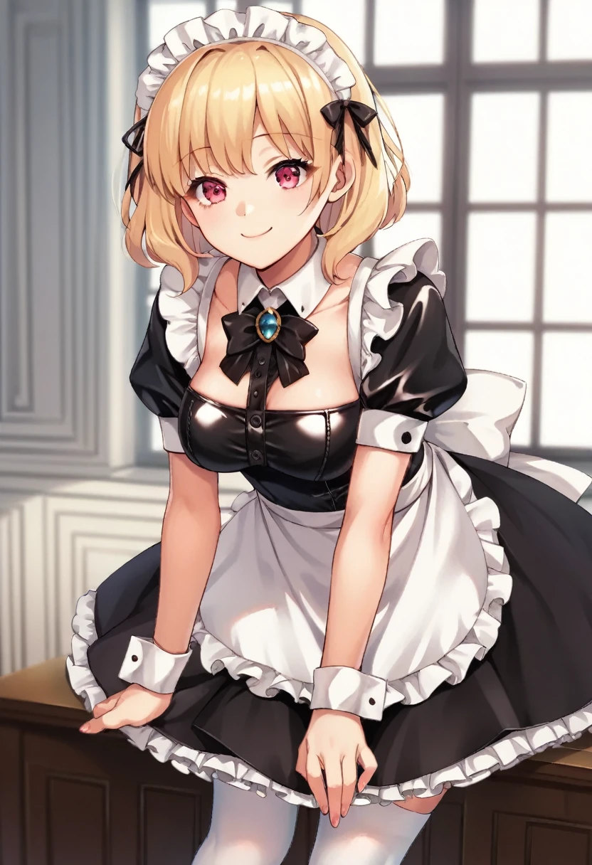 score_9, score_8_up, score_7_up, source_anime, 1girl, leaning forward, smile, bangs, breasts, maid headdress, maid, frills, latex dress, shinny, black dress, detached collar, puffy short sleeves, wrist cuffs, apron, white thighhighs, wavy short hair, blonde hair, looking at viewer,