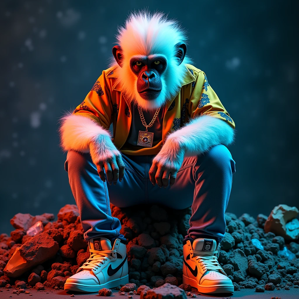 hybrid animal, Monkey with human, super hairy, Bravo, wearing jeans, colorful blouse, Rapper style neck cord, green shirt, with expensive sneakers, with white hair, Sitting looking angry, on top of a mountain of garbage, hoodlum style, street, colorful fashion clothes giving a lot of prominence dark background almost black or dark gray, neon light elements projected onto the monkey&#39;s body, seen almost from the front focusing on his face but showing his entire body. super detailed, high definition, 8k, Canon EOS Rebel T100, Canon EF 85mm F/1.4L IS USM, wide plan