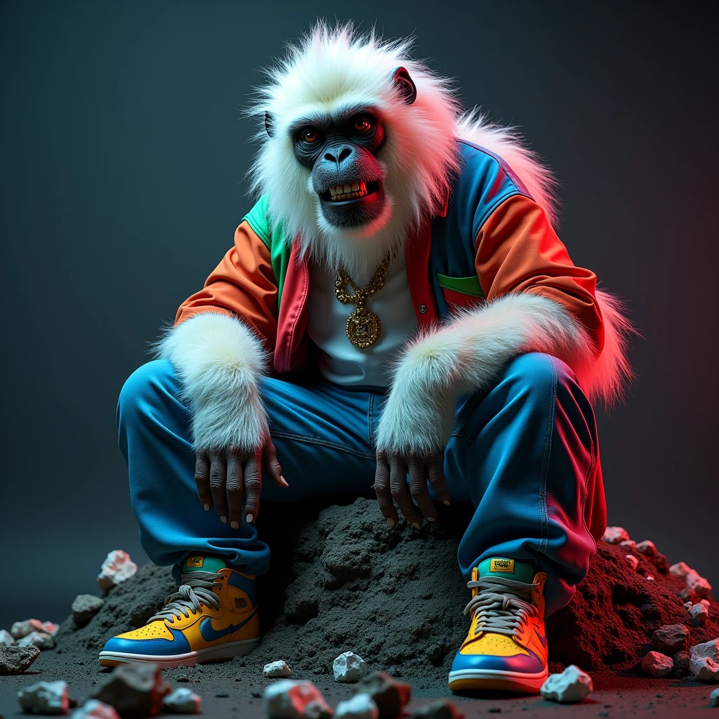 hybrid animal, Monkey with human, super hairy, Bravo, wearing jeans, colorful blouse, Rapper style neck cord, green shirt, with expensive sneakers, with white hair, Sitting looking angry, on top of a mountain of garbage, hoodlum style, street, colorful fashion clothes giving a lot of prominence dark background almost black or dark gray, neon light elements projected onto the monkey&#39;s body, seen almost from the front focusing on his face but showing his entire body. super detailed, high definition, 8k, Canon EOS Rebel T100, Canon EF 85mm F/1.4L IS USM, wide plan