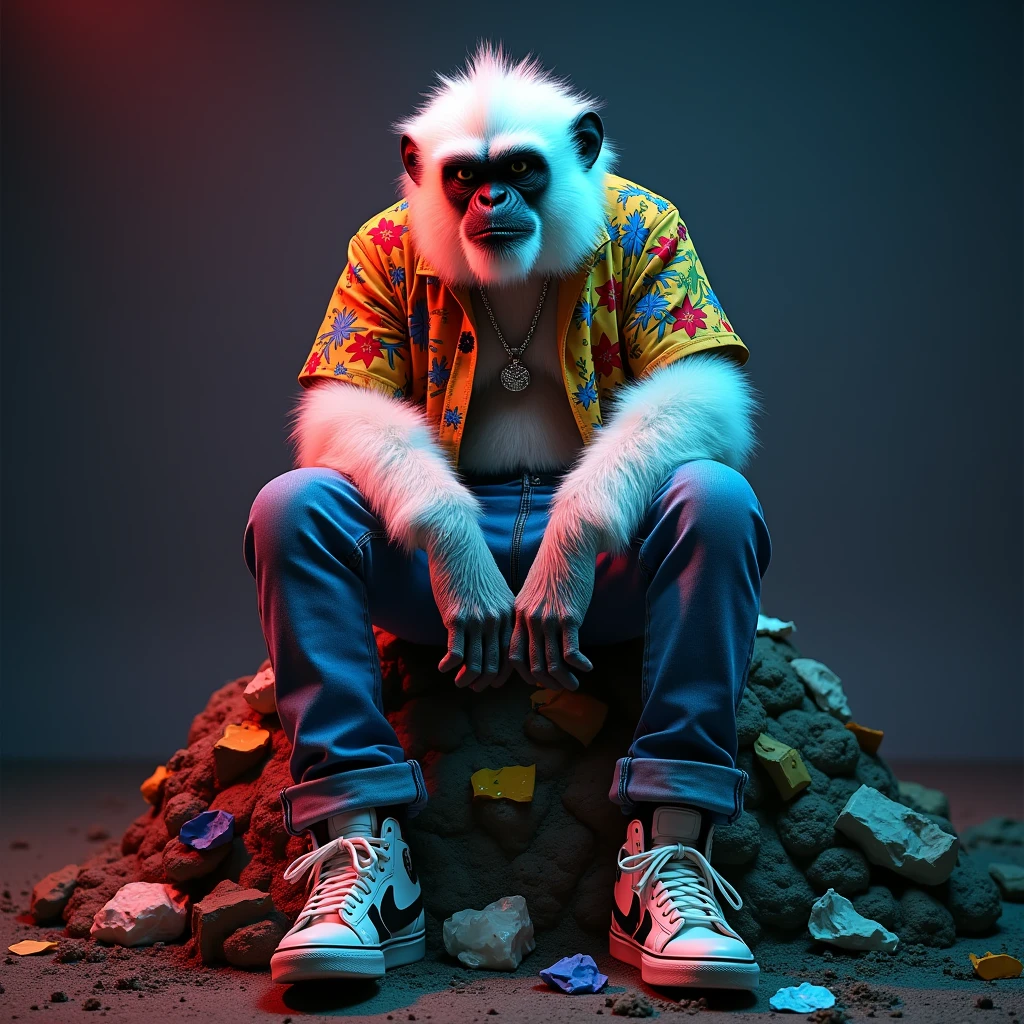 hybrid animal, Monkey with human, super hairy, Bravo, wearing jeans, colorful blouse, Rapper style neck cord, green shirt, with expensive sneakers, with white hair, Sitting looking angry, on top of a mountain of garbage, hoodlum style, street, colorful fashion clothes giving a lot of prominence dark background almost black or dark gray, neon light elements projected onto the monkey&#39;s body, seen almost from the front focusing on his face but showing his entire body. super detailed, high definition, 8k, Canon EOS Rebel T100, Canon EF 85mm F/1.4L IS USM, wide plan