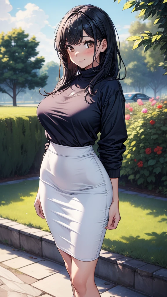 ((Highest quality、masterpiece、8k、Realistic、超High resolution、Very delicate and beautiful、High resolution、Cinema Lighting))、hourglass figure:1.6、Large Breasts 、(Long black hair 、Hazel Eyes)、((A black pullover that reveals part of her midsection, Grey pencil skirt + Black tights + White hair band:1.3, Black belt around the waist))