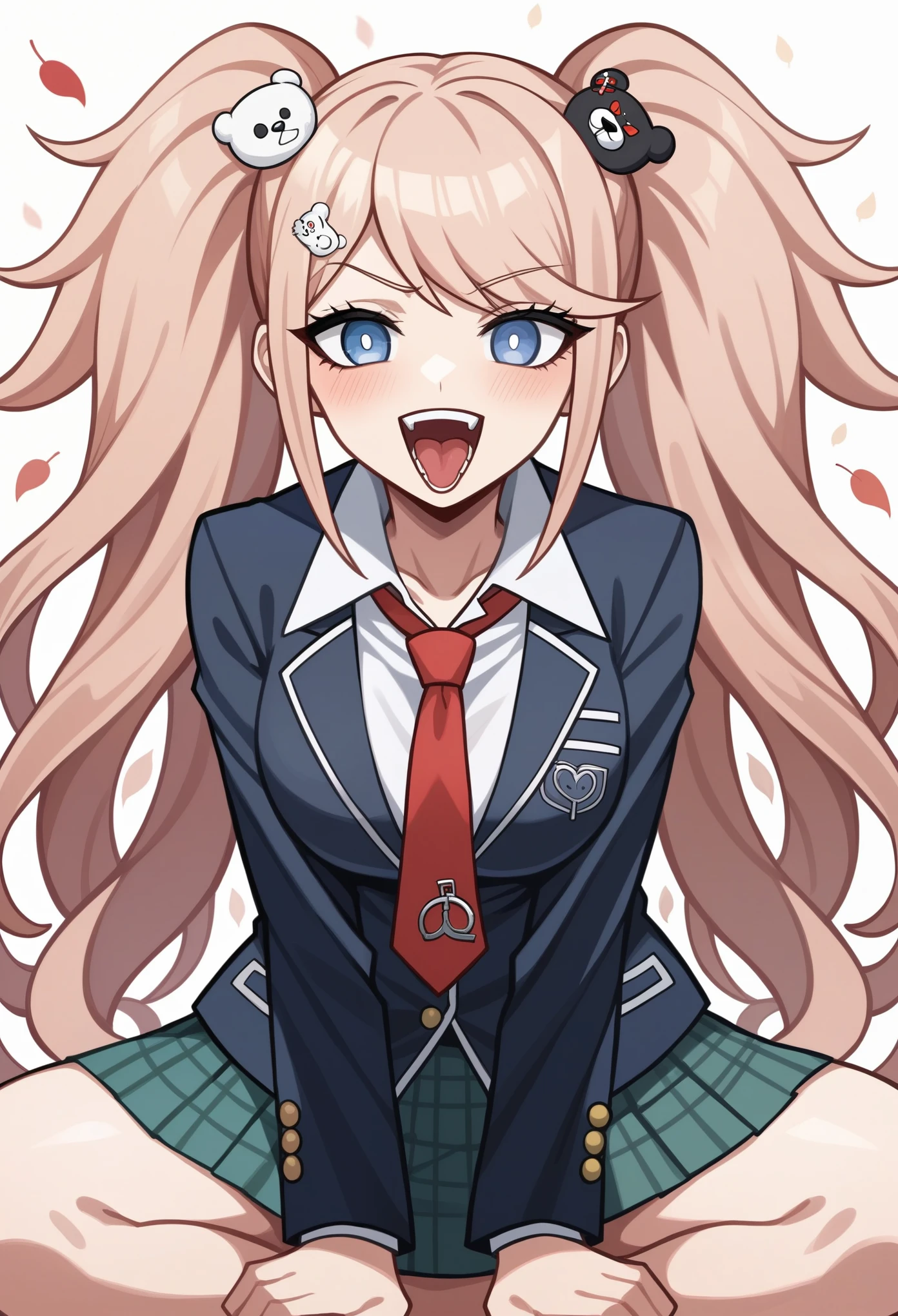 Junko Enoshima from Danganronpa is a striking and memorable character, with a look that perfectly captures her chaotic and unpredictable personality. Her appearance reflects her role as the mastermind behind the events of the series, embodying both an alluring and unhinged presence.Hair: Junko’s most distinctive feature is her voluminous, long blonde hair, which is styled in two massive pigtails. Her pigtails are wild and slightly unkempt, adding to her rebellious and chaotic vibe. They are secured with black and white Monokuma-themed hair clips, symbolizing the duality of her personality and her connection to the bear that represents despair and hope.Eyes: Her eyes are sharp, wide, and bright blue, radiating a sense of mischief and intensity. When she expresses her more deranged side, her eyes often appear even more wild and crazed, reflecting her mental instability and obsession with despair. Her eyes are always full of emotion, flipping between innocence, insanity, and manipulation.
Clothing: Junko wears a stylized schoolgirl uniform that has been customized to fit her personal style. The outfit consists of a white blouse with a red tie, but the way she wears it is deliberately casual and unorthodox. She leaves several buttons undone, revealing a red bra beneath, adding a rebellious and provocative edge. Over her blouse, she wears a black blazer with rolled-up sleeves and a red, checkered mini-skirt. The skirt is short and fitted, showcasing her playful yet seductive style.Accessories and Symbols: Her signature Monokuma hairpins are a key accessory, one white and one black, representing the contrasting themes of hope and despair that drive the series' narrative. She also sometimes wears a loose necktie, which further emphasizes her carefree, nonchalant attitude toward traditional rules.Expression and Demeanor: Junko's facial expressions are highly dynamic, shifting rapidly from seductive to menacing to completely deranged.