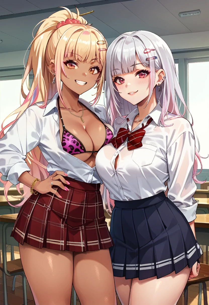  Score_9, score_8_up, score_7_up, score_6_up, 2girls, vtuber, virtual youtuber, multicolored hair, gyaru, hairpin, school uniform, bikini, skirt, take your pick, pale skin, dark skin