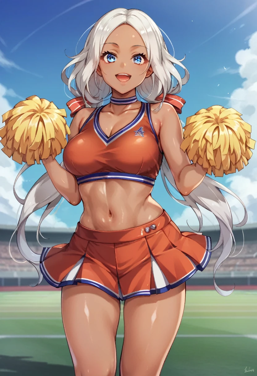 Score_9, Score_8, 1girl, white hair, curly hair, parted bangs, dark skinned girl, very dark skin girl, long hair, low twintails, bare forehead, blue eyes, puffy lips, breasts, thighs, young girl, red cheerleader outfit, midriff, skirt, sports field, blue sky, smile, open mouth, shiny skin, (cowboy shot), body upclose, standing