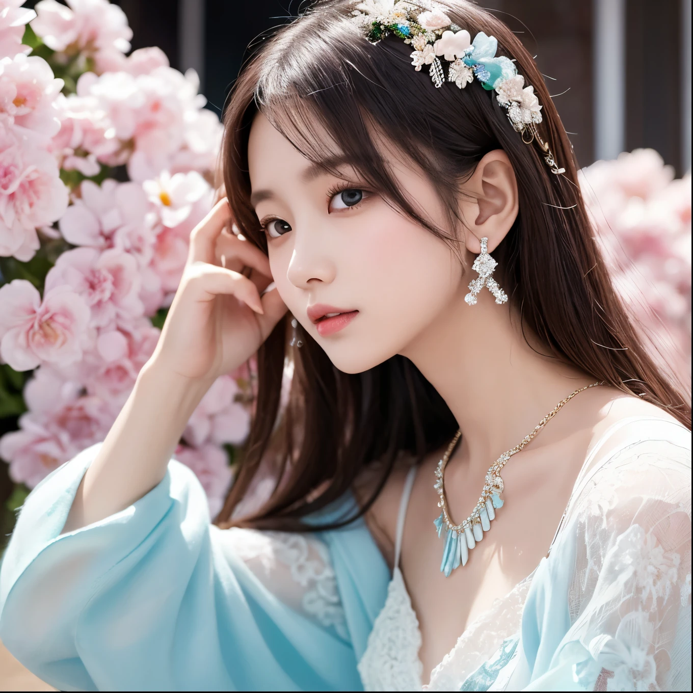 tmasterpiece,Highest high resolution,((magic orb)),Dynamic bust of a beautiful aristocratic maiden,Blue hair is gracefully curled,((Wearing a crown of huge flowers)),Purple clear eyes,(((Hair is covered with beautiful and delicate floral craftsmanship, Crystal Jewelry Filigree))),Ultra-detailed details,upscaled,The Earth Rises。