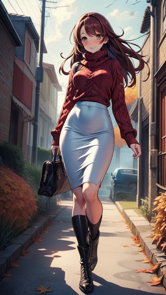 ((((masterpiece, best quality:1.8, high detail)))), (1girl), beautiful woman, smile, lower body, bright brown eyes, shy, wide-eyed, blush, solo focus, long hair, ((dark red hair)), ((white sweater)), (scarf), ((black midi pencil ((skirt)))), (long skirt), boots, slim body, sidewalk, fall garden, (autumn leaves), (((atmospheric))), ((cloudy sky)), (((realistic))), (((realism))), (((ultra detailed))), lower body, tall female, 