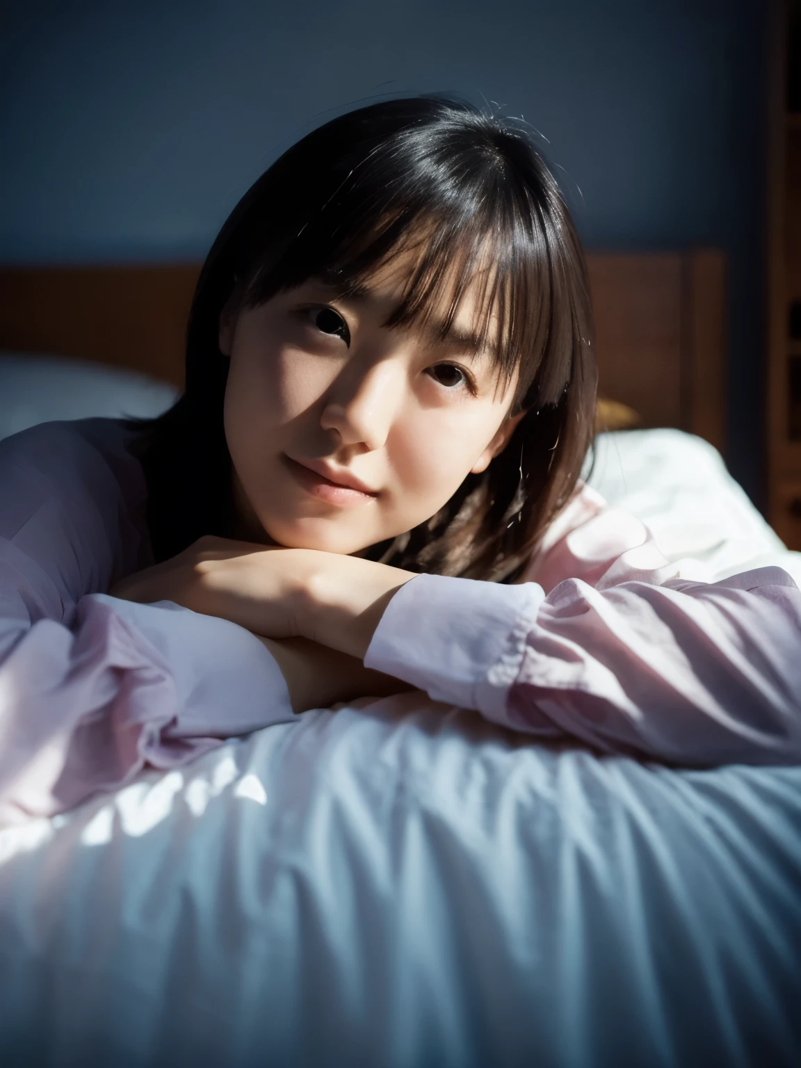 realistic photography, candid portrait, a skinny Japanese woman, cute face, detailed face, Feminine appearance, Graceful contour, Nightgown, low light, dark bedroom, backlit, hard shadow, warm light, glow face, Downcast expression, Lie down on bed,