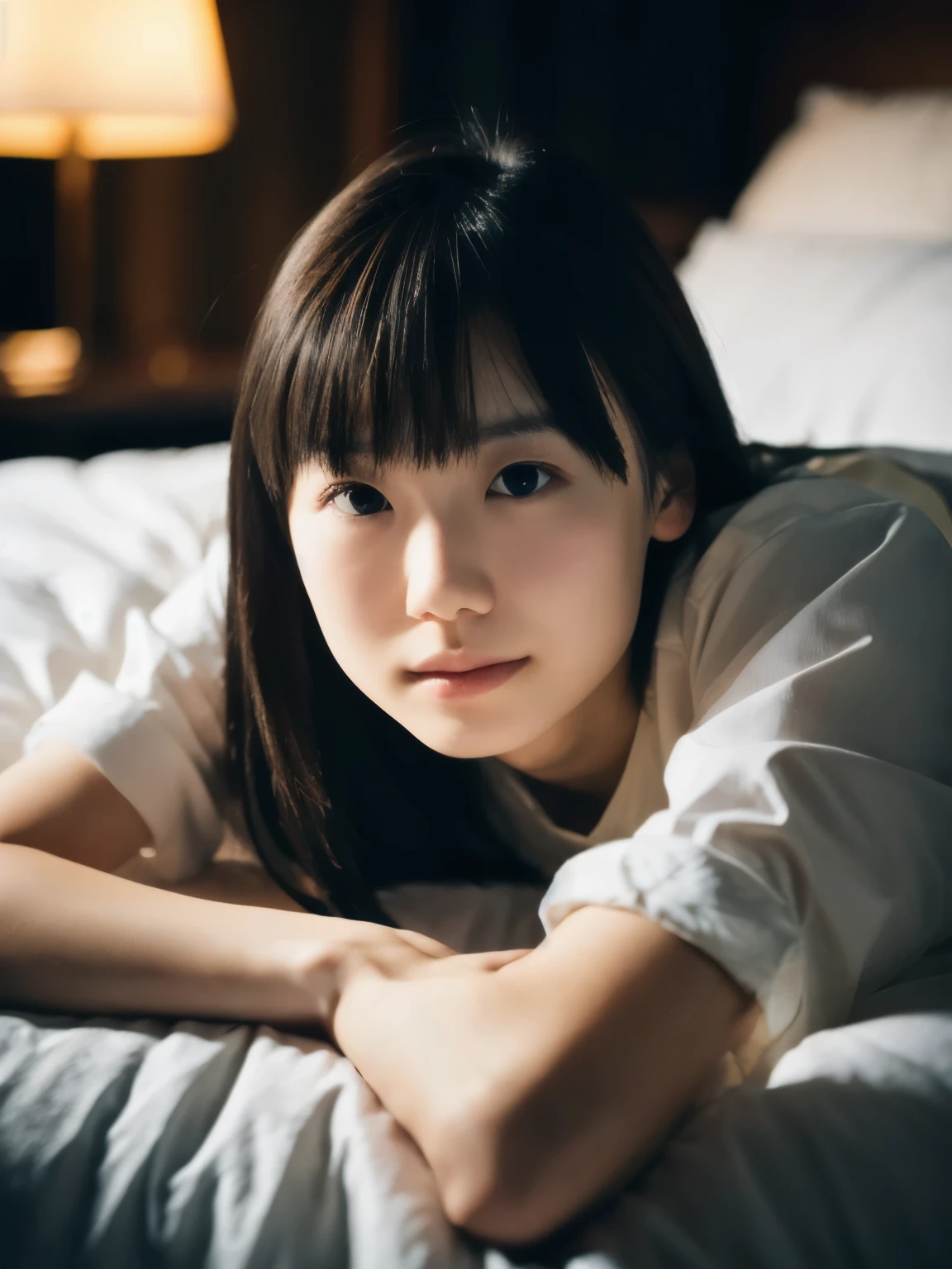 realistic photography, candid portrait, a skinny Japanese woman, cute face, detailed face, Feminine appearance, Graceful contour, Nightgown, low light, dark bedroom, backlit, hard shadow, warm light, glow face, Downcast expression, Lie down on bed,