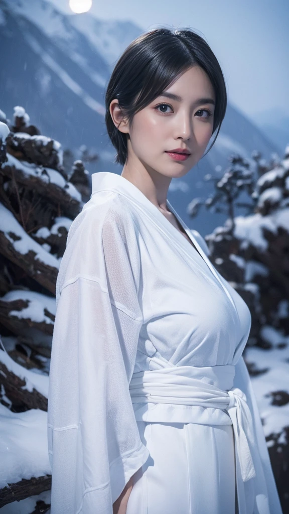 High image quality、High resolution、masterpiece、Wide Angle Shot、Snow Woman、woman、Age 40、A snowstorm night deep in the mountains、Snowy landscape、（All White、、Yukata、kimono）、Black Hair、Center parted very short hair、god々Shii、Large Breasts、Perfect Style、Cool look、The corners of the eyes have risen、Pull Configuration、Long face、blue lips、Reflected Light, 