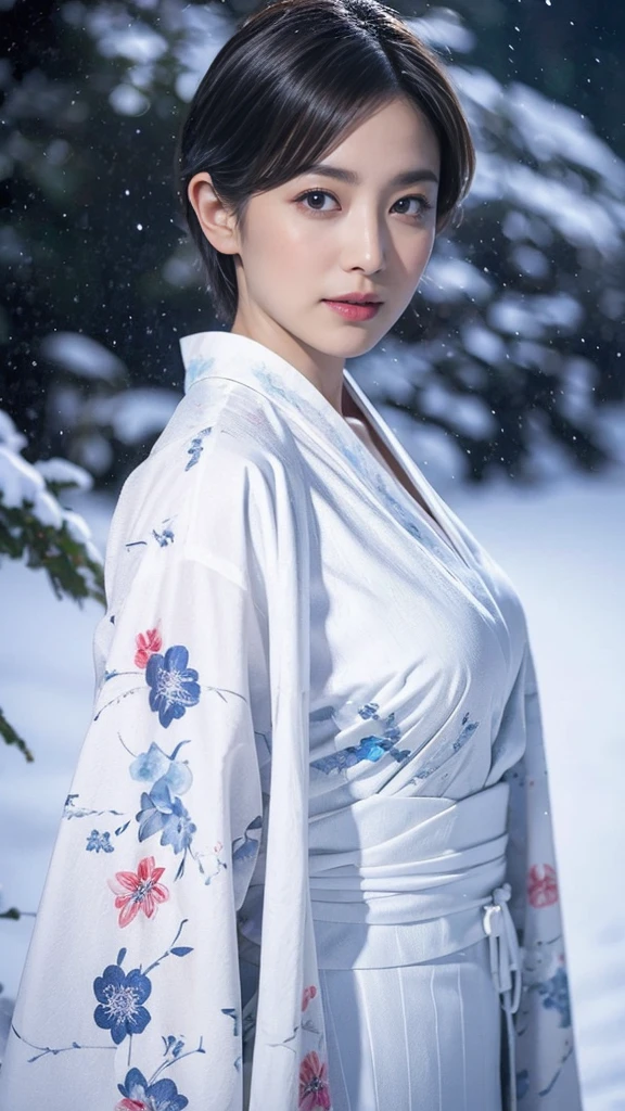 High image quality、High resolution、masterpiece、Wide Angle Shot、Snow Woman、woman、Age 40、A snowstorm night deep in the mountains、Snowy landscape、（All White、、Yukata、kimono）、Black Hair、Center parted very short hair、god々Shii、Large Breasts、Perfect Style、Cool look、The corners of the eyes have risen、Pull Configuration、Long face、blue lips、Reflected Light, 