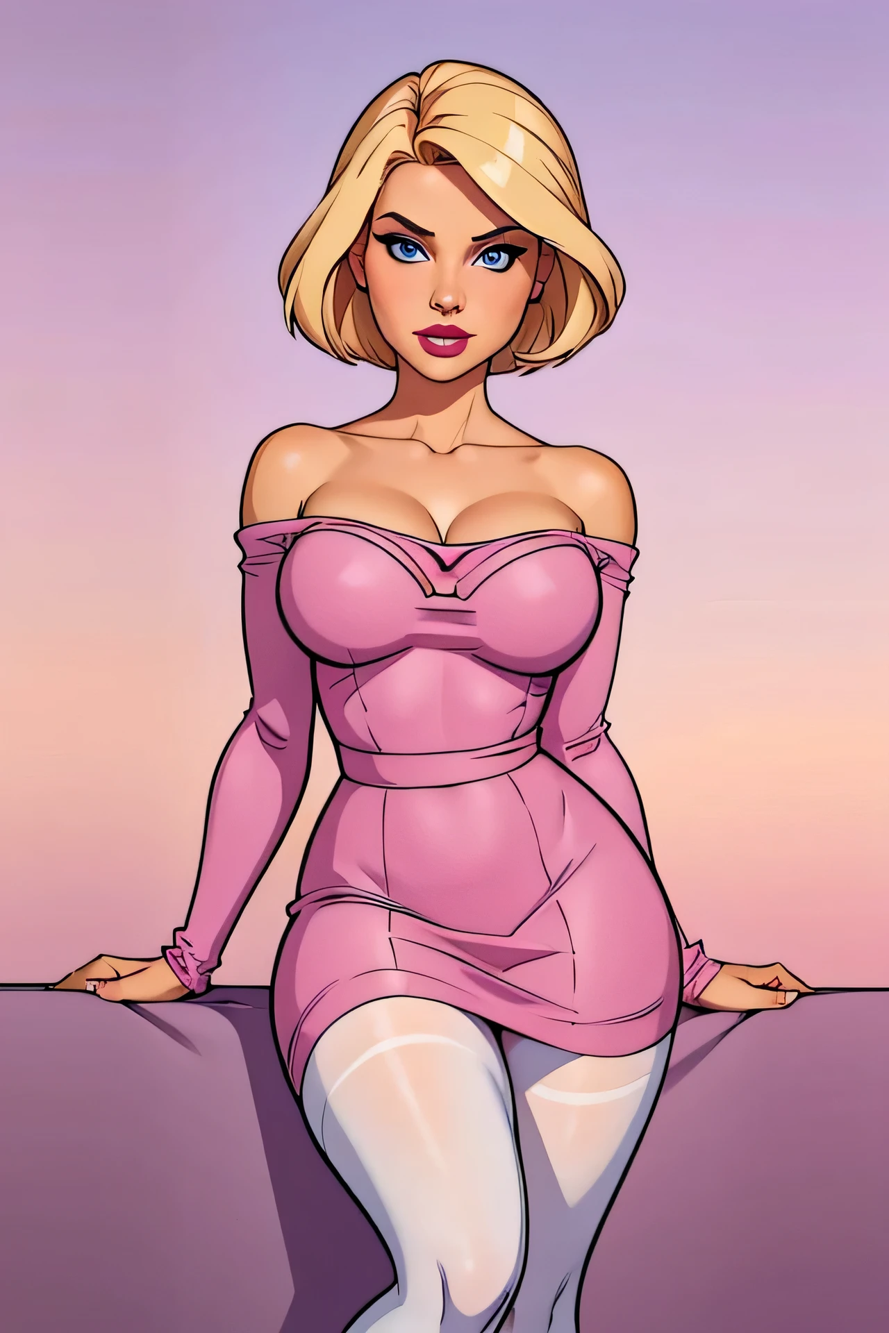  with short blond hair, blue eyes, PINK LIPSTICK, wearing a pink dress with bare shoulders and long sleeves, very tight and short pink dress, curves, Breasts and thighs, white tights, she has her arms crossed looking at the viewer