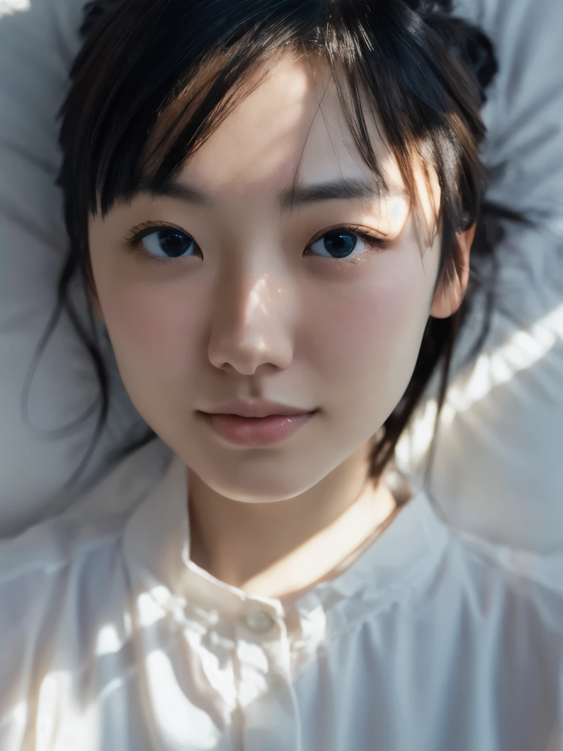 realistic photography, candid portrait, a skinny Japanese woman, cute face, detailed face, beautiful eyes, detailed eyes, Feminine appearance, Graceful contour, Nightgown, low light, dark bedroom, backlit, hard shadow, warm light, glow face, Downcast expression, Lie down on bed,