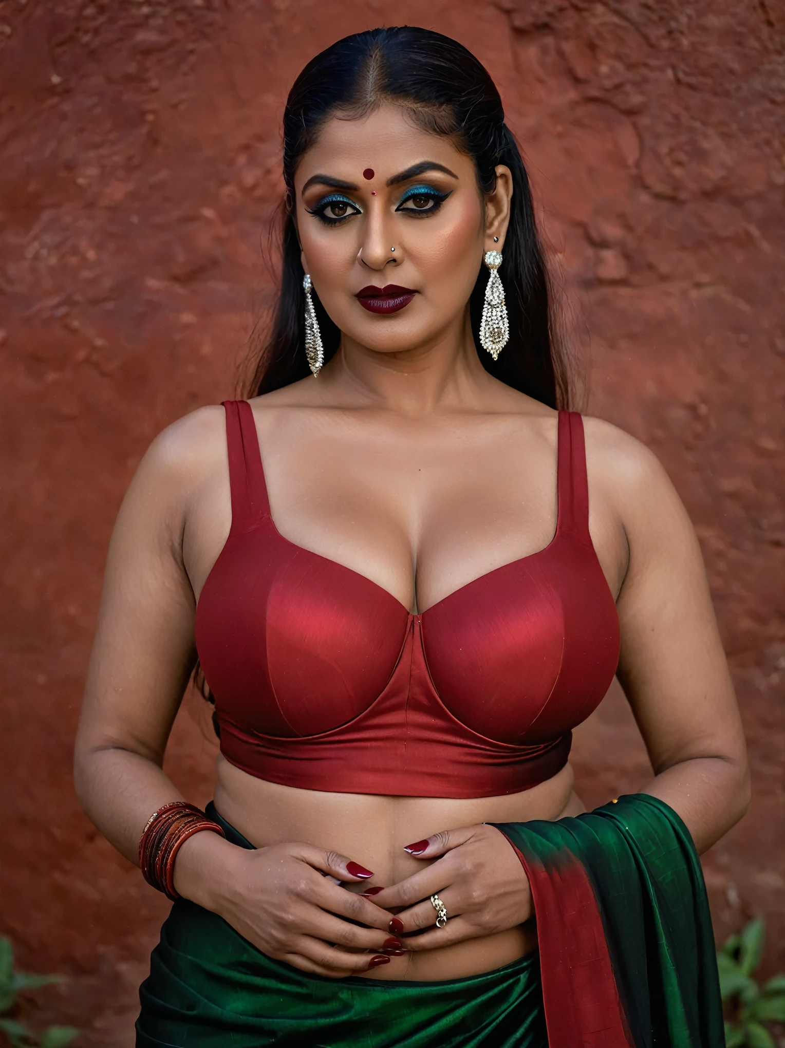 Looks like Nayanthara, full body Closeup shot, Big chubby aunty, milf, cougar lady witch, horny Gothic milf, 70 years old gorgeous mature lady, pervert demoness, demoness of lust, Kama Pishachini, kamadevi, curvy, black lips, horny face, extremely gorgeous, thick figure, heavy physique, voluptuous, demoness mommy, curvy, sexy figure, Fashionable portrait of androgynous alien looking witch, glowing eyes, futuristic design, minimal details, givenchy, photoreal, 200mm, hd, f/ 2.0, highly detailed, surreal, sexy beautiful evil woman, sexy bold sequin Saree with strapless Bra, chudail, Pishachini, horror genre, blood-thirsty enchantress, powerful female spirit, eerie, drop dead, in the style of red and blue, (intricate details, hyperdetailed:1.15) (skin texture:1.2), dark Moody tone, cinematic lighting, haunted place in background, hot Amma, hot aunty, hot bhabi, hot Chachi, heavy figure, fleshy figure, heavy and saggy breast, spicy hot woman, evil goddess, juicy thick Belly, curvy, erotic fantasy, fantasy character, provoking sense of desire,
