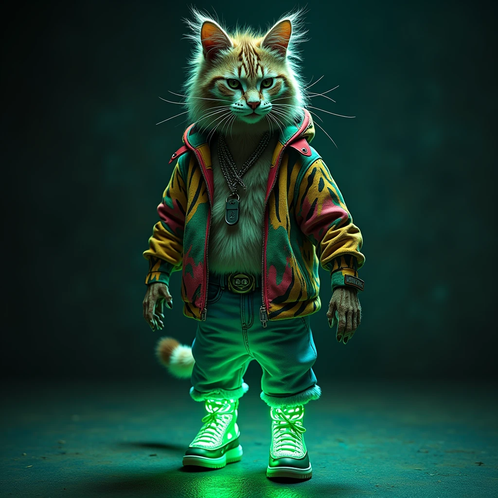 hybrid animal, Cat with Zebra walking style (()), super hairy, Bravo, wearing jeans, colorful blouse, Rapper style neck cord, green shirt, with expensive sneakers, Sitting looking happy, hoodlum style, street, colorful fashion clothes, giving a lot of prominence to the dark, almost black or dark gray background, light elements shining through the body in neon green LED color, light green, seen almost from the front focusing on his face but showing his entire body. super detailed, high definition, 8k, Canon EOS Rebel T100, Canon EF 85mm F/1.4L IS USM, wide plan