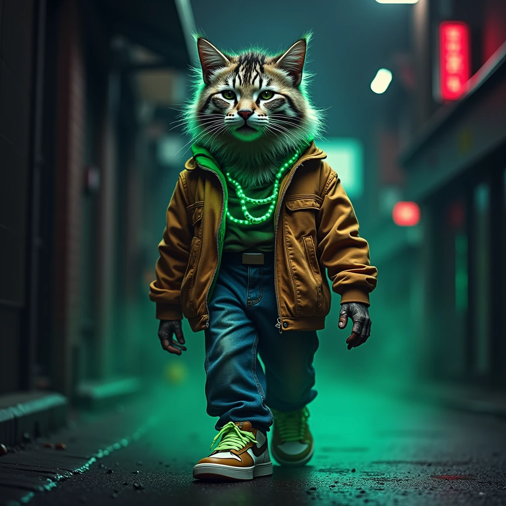 hybrid animal, Cat with Zebra walking style (()), super hairy, Bravo, wearing jeans, colorful blouse, Rapper style neck cord, green shirt, with expensive sneakers, Sitting looking happy, hoodlum style, street, colorful fashion clothes, giving a lot of prominence to the dark, almost black or dark gray background, light elements shining through the body in neon green LED color, light green, seen almost from the front focusing on his face but showing his entire body. super detailed, high definition, 8k, Canon EOS Rebel T100, Canon EF 85mm F/1.4L IS USM, wide plan