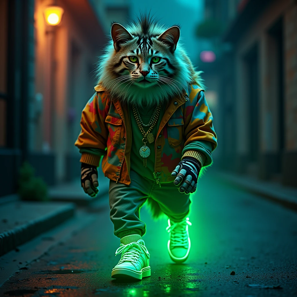 hybrid animal, Cat with Zebra walking style (()), super hairy, Bravo, wearing jeans, colorful blouse, Rapper style neck cord, green shirt, with expensive sneakers, Sitting looking happy, hoodlum style, street, colorful fashion clothes, giving a lot of prominence to the dark, almost black or dark gray background, light elements shining through the body in neon green LED color, light green, seen almost from the front focusing on his face but showing his entire body. super detailed, high definition, 8k, Canon EOS Rebel T100, Canon EF 85mm F/1.4L IS USM, wide plan