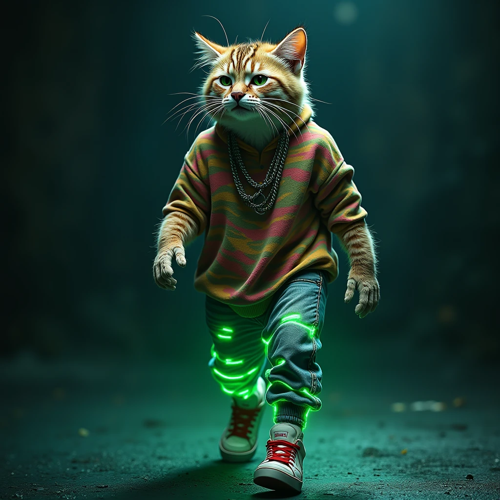 hybrid animal, Cat with Zebra walking style (()), super hairy, Bravo, wearing jeans, colorful blouse, Rapper style neck cord, green shirt, with expensive sneakers, Sitting looking happy, hoodlum style, street, colorful fashion clothes, giving a lot of prominence to the dark, almost black or dark gray background, light elements shining through the body in neon green LED color, light green, seen almost from the front focusing on his face but showing his entire body. super detailed, high definition, 8k, Canon EOS Rebel T100, Canon EF 85mm F/1.4L IS USM, wide plan