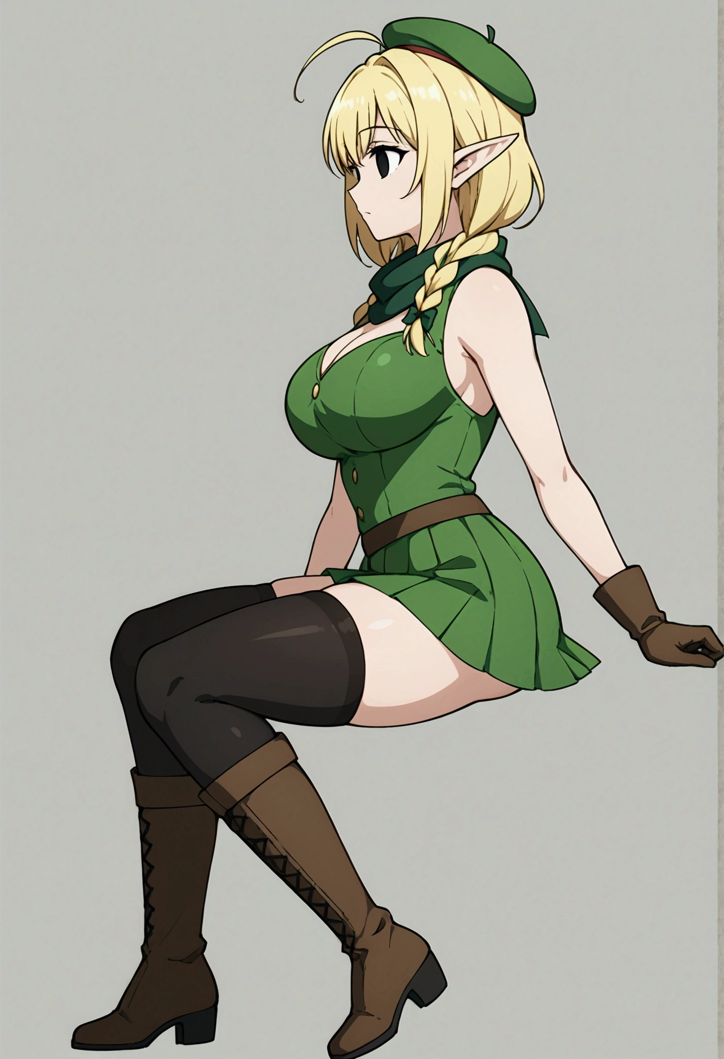 Parisian,1woman,elf,short hair,twin braids,Blonde,(slender),ahoge,empty eyes,black eyes、big breasts,brown gloves,black elbow globes,(black thigh highs),(black mini beret)、Brown scarf、green crop top,sleeveless,green mini skirt,(brown knee boots),Thin thighs,full body,From the side