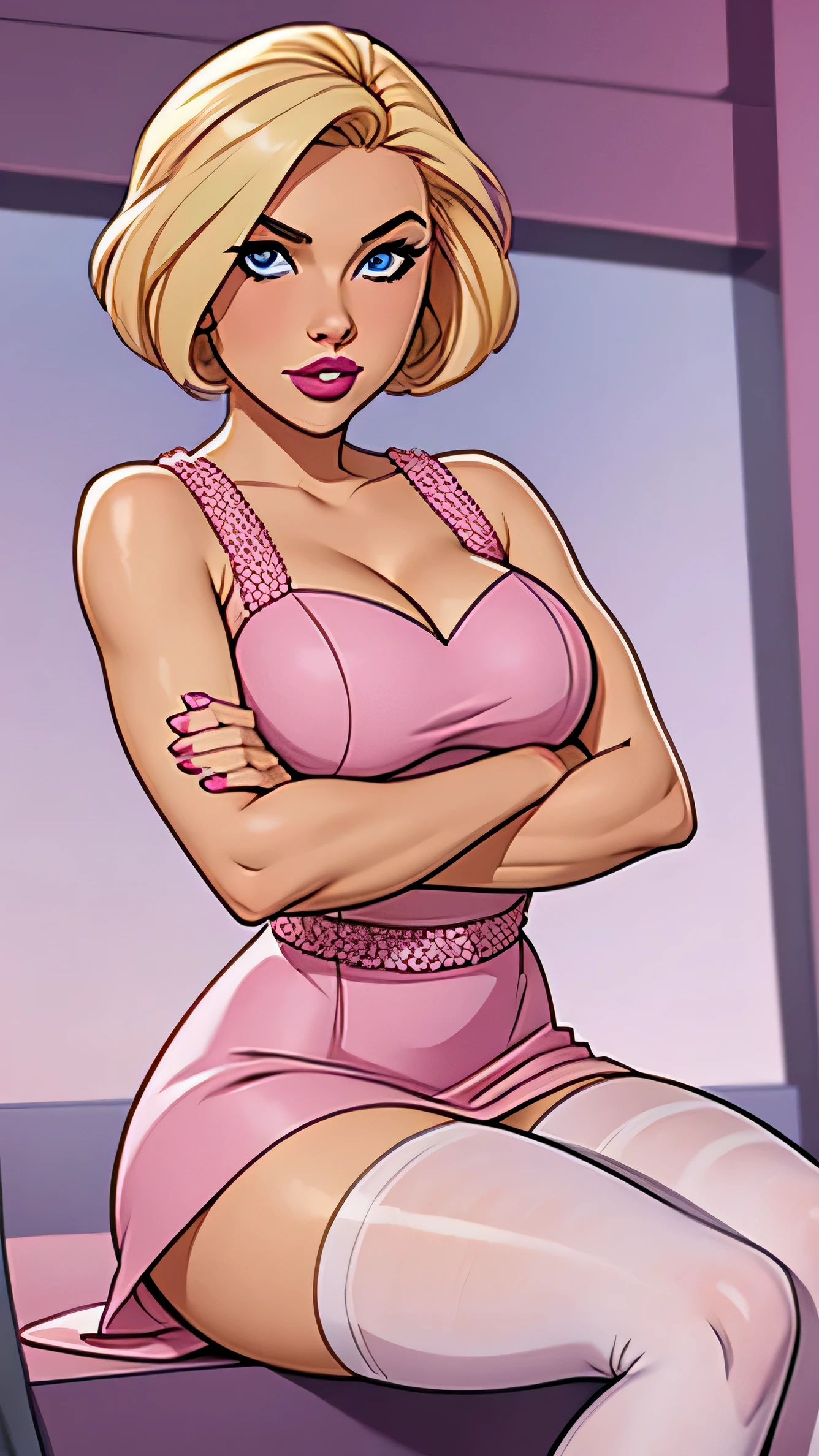 Blonde girl with short hair, blue eyes, smiling in party pose, wearing a short and tight pink mini dress, Neckline dress , and showing her thighs, wearing A pink And big fur stole draped over the shoulders And on the back