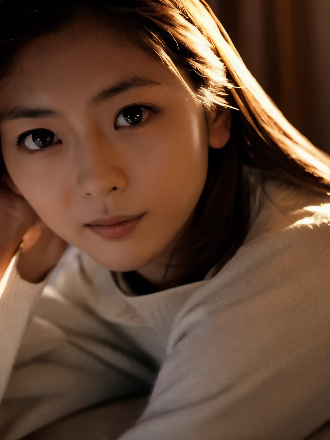 realistic photography, candid portrait, a skinny Japanese woman, cute face, detailed face, beautiful eyes, detailed eyes, Feminine appearance, Graceful contour, Nightgown, low light, dark bedroom, backlit, hard shadow, warm light, glow face, Downcast expression, Lie down on bed,